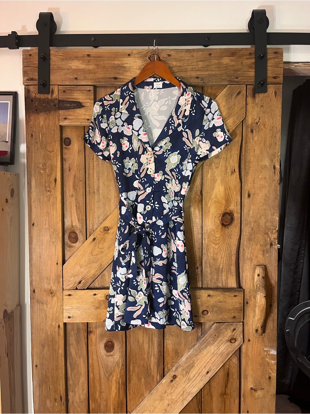 Wilfred Navy Floral Short-Sleeve Tie-Waist Mini Dress size XS - Picture 3 of 7